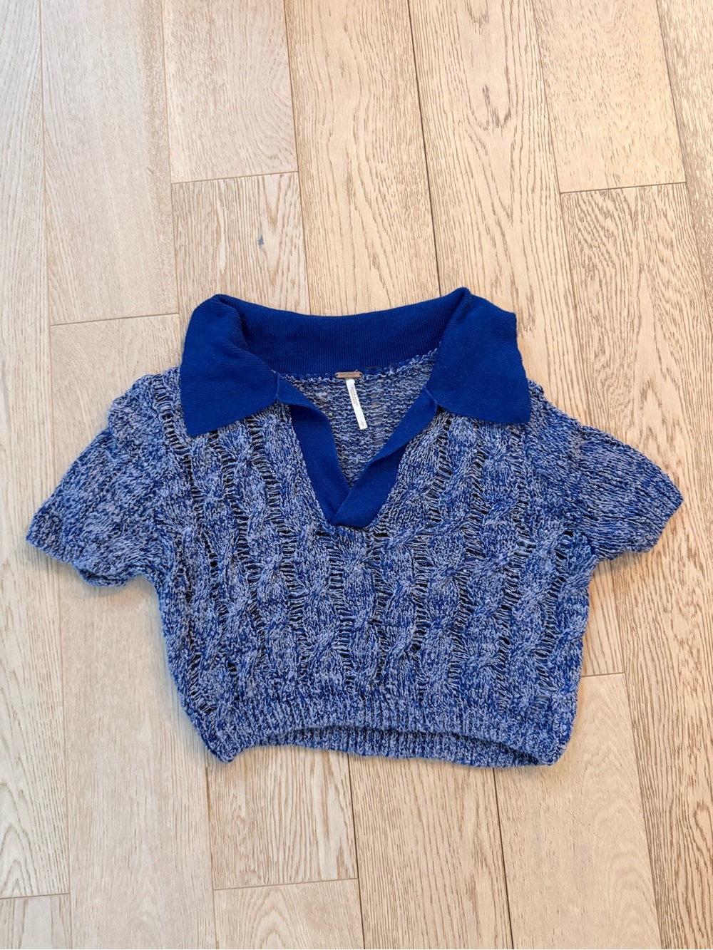 Free People Blue Marled Short-Sleeve V-Neck Sweater with Contrast Collar
